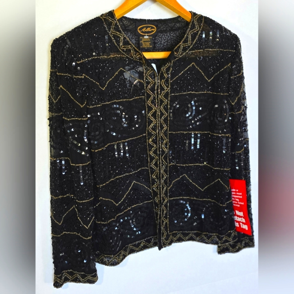 Vintage Allure Size Large Sparkling And Beaded Black With Gold Detail Top